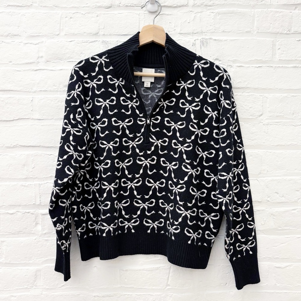 Anthropologie || Maeve The Montana Mock-Neck Half-Zip Sweater Bows Black XS - Picture 1 of 7